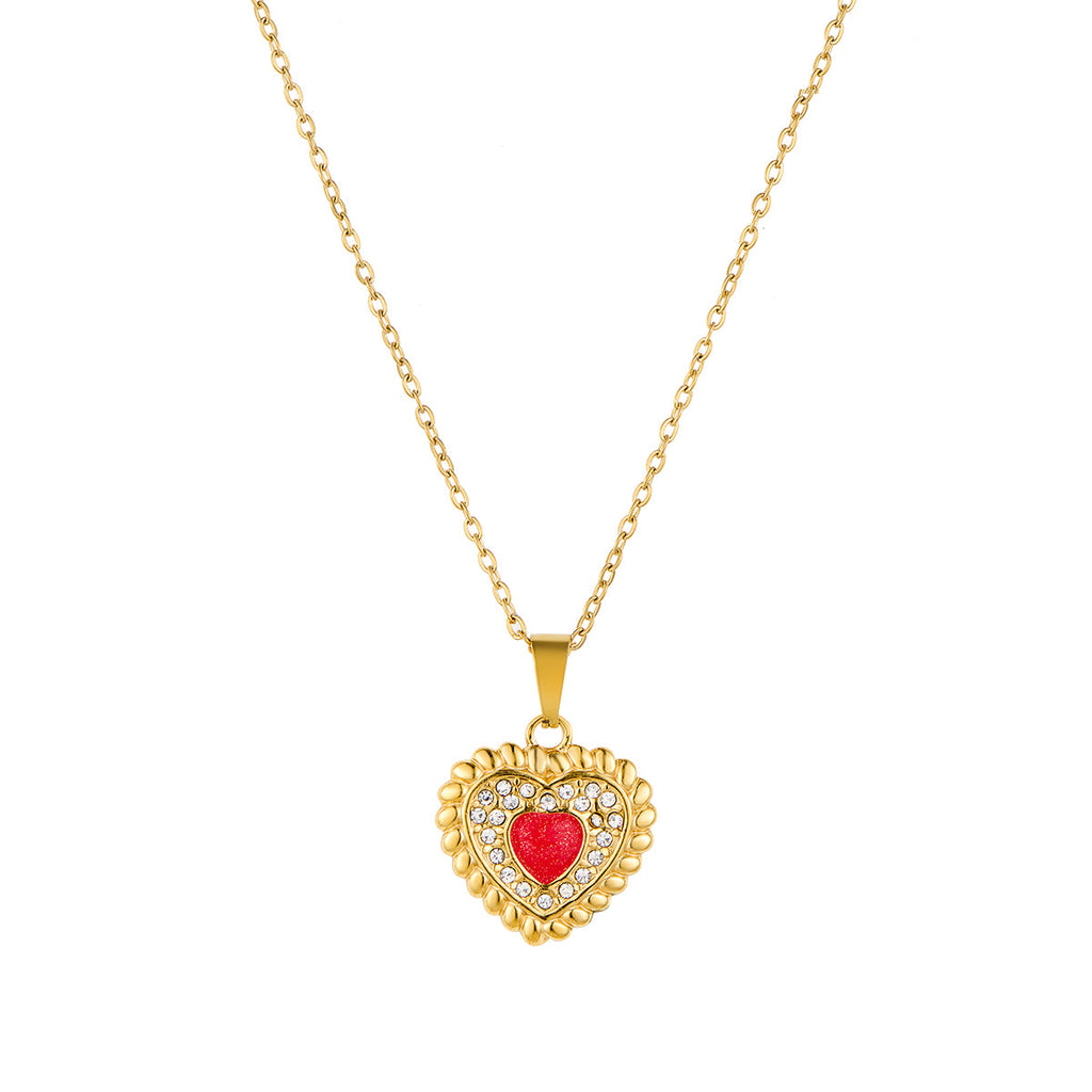 Stainless Steel Heart-shaped Drop-oil Inlaid Rhinestone Pendant Necklace Vera Lux