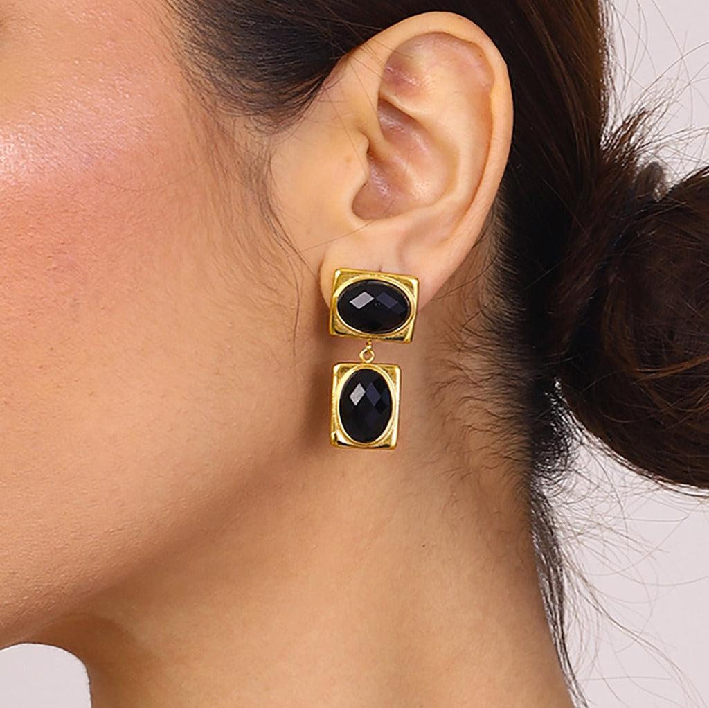 18k gold rectangular inlaid oval gemstone design trendy and unique earrings Vera Lux