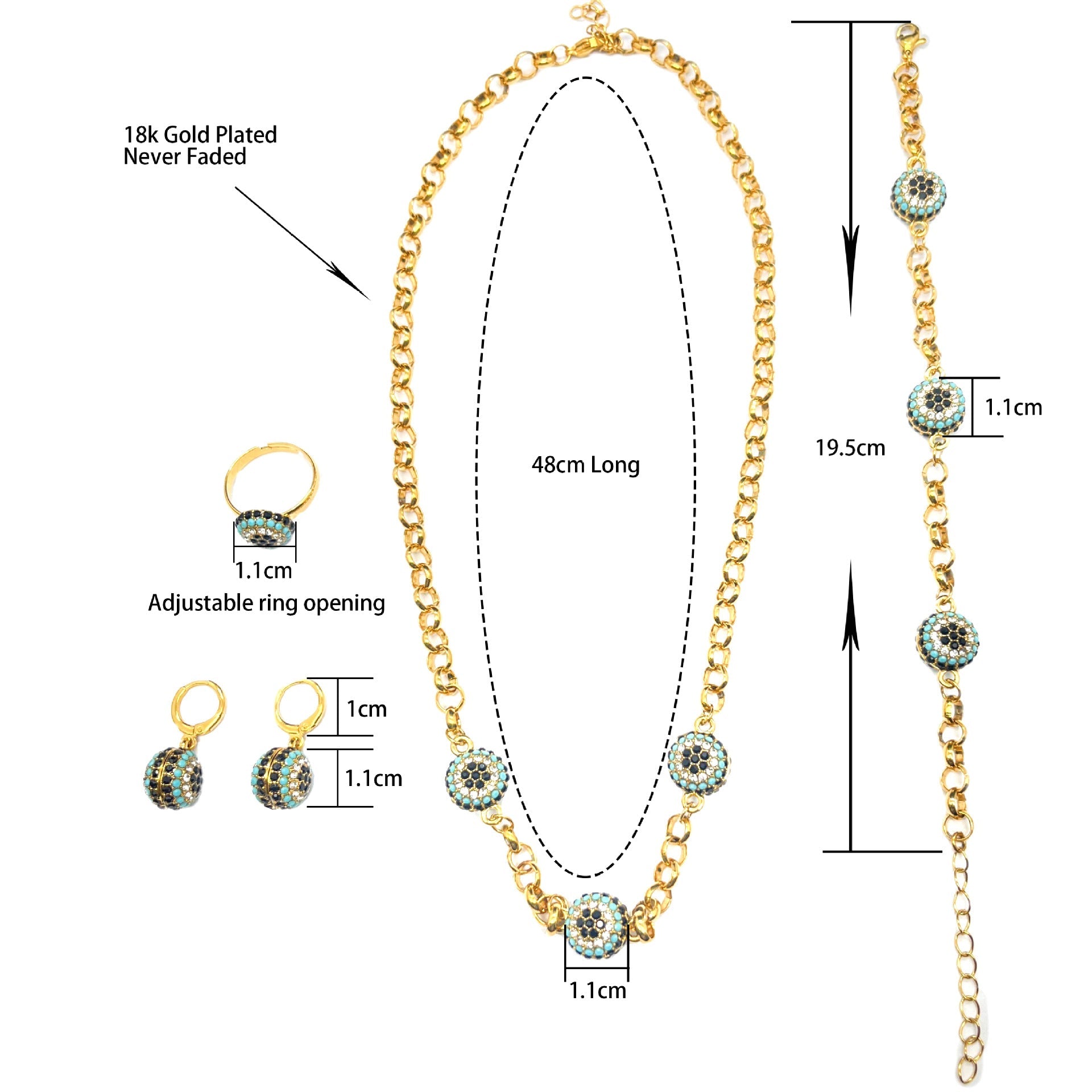 Bohemian Evil Eye Necklace Bracelet and Earring Set Vera Lux