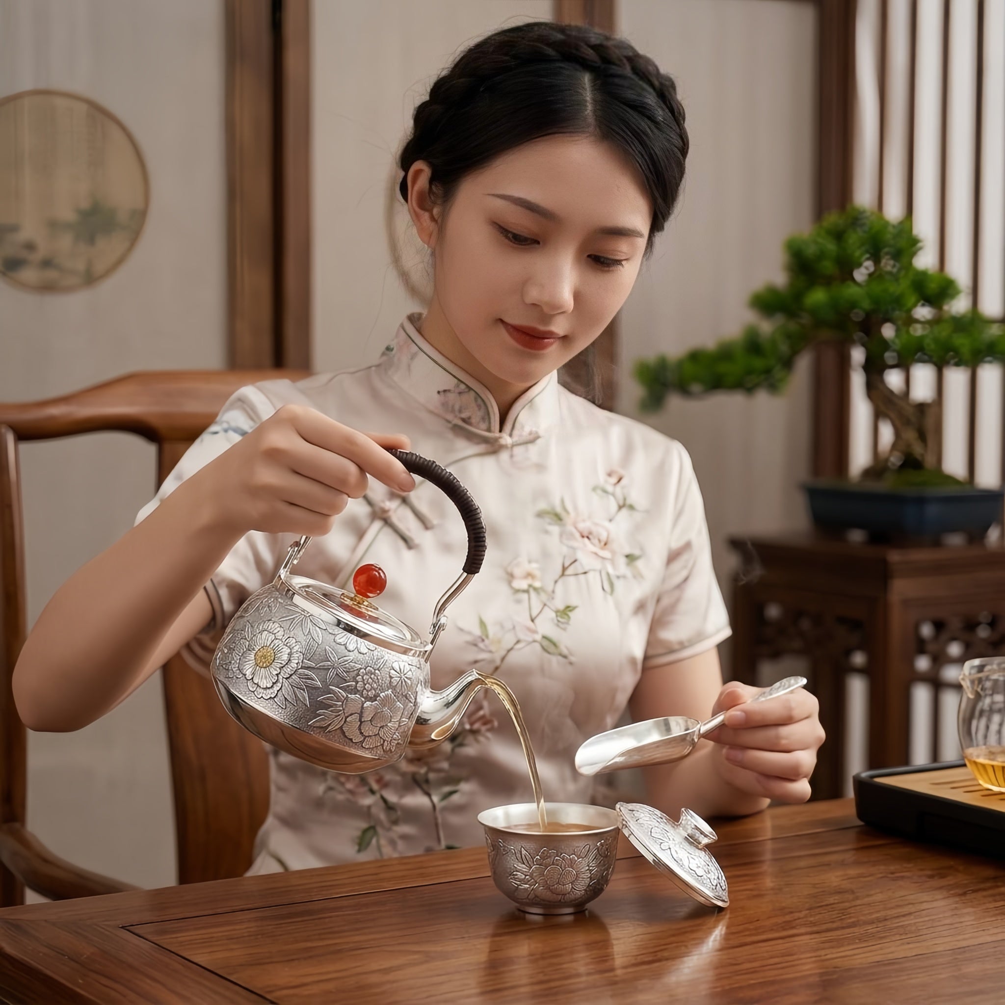925 Sterling Silver Handcrafted Silver Floral Teapot with Red Agate Knob and Woven Handle - Handicraft Vera Lux