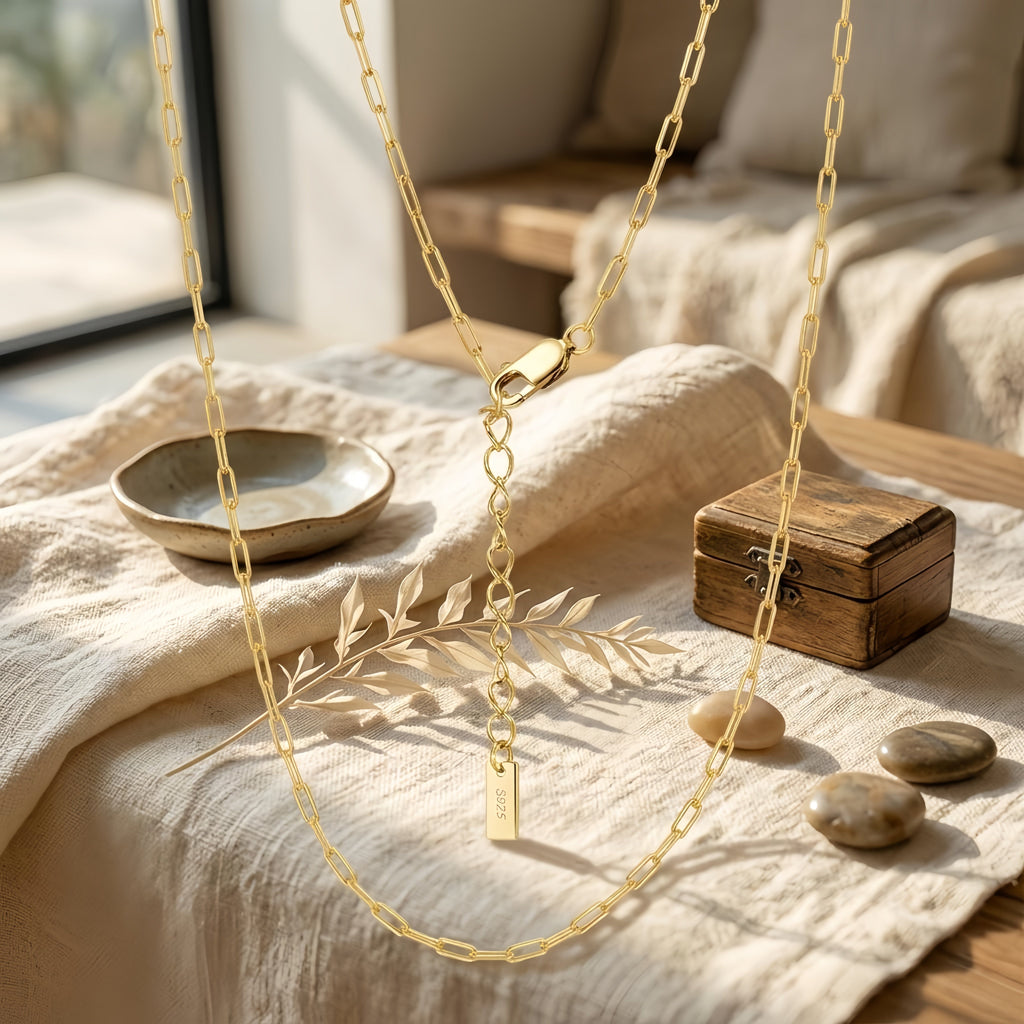925 Sterling Silver Elegant Gold Paperclip Chain Necklace with Adjustable Length and Lobster Clasp Vera Lux