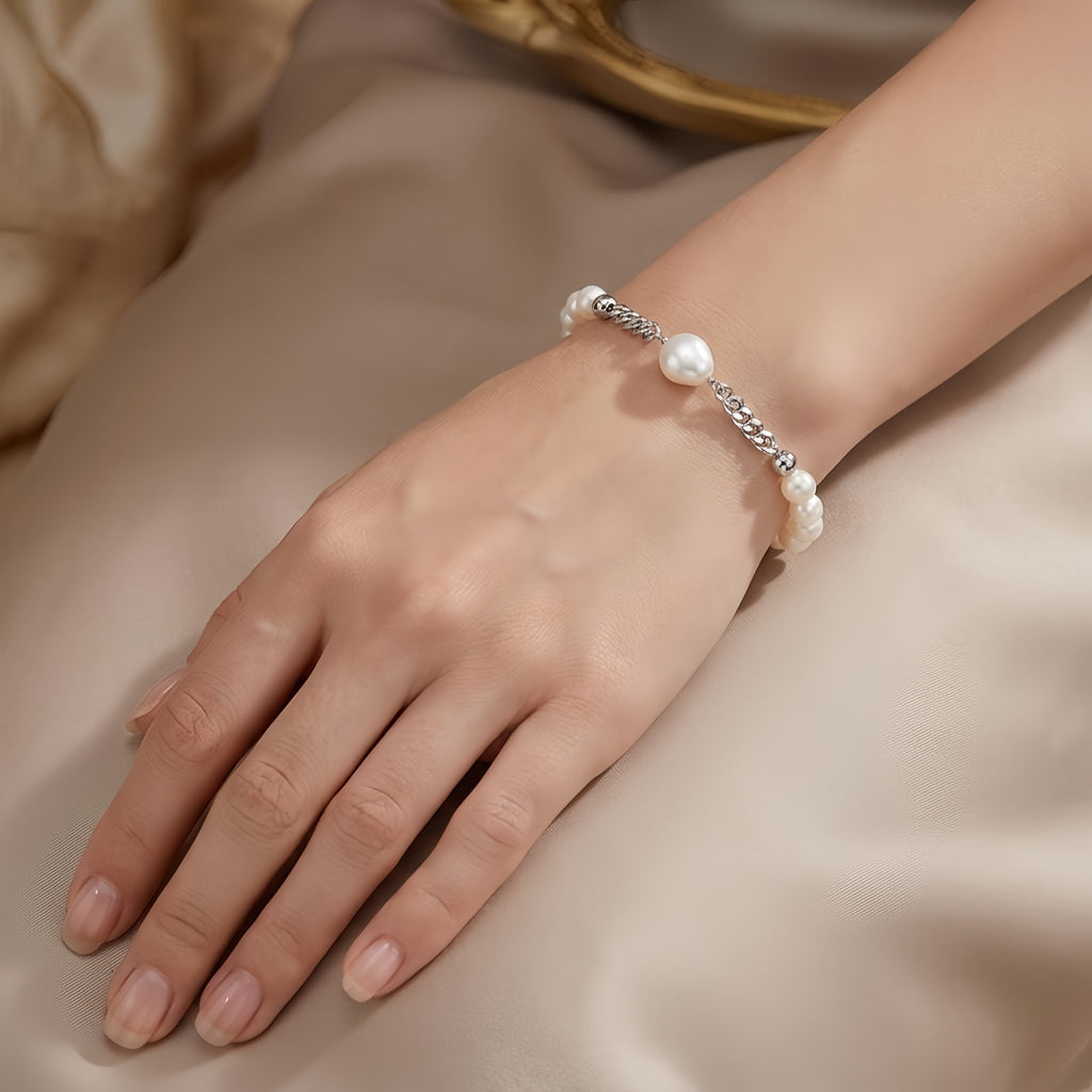 925 Sterling Silver Elegant Pearl and Sterling  Chain Bracelet with Teardrop Accent Vera Lux