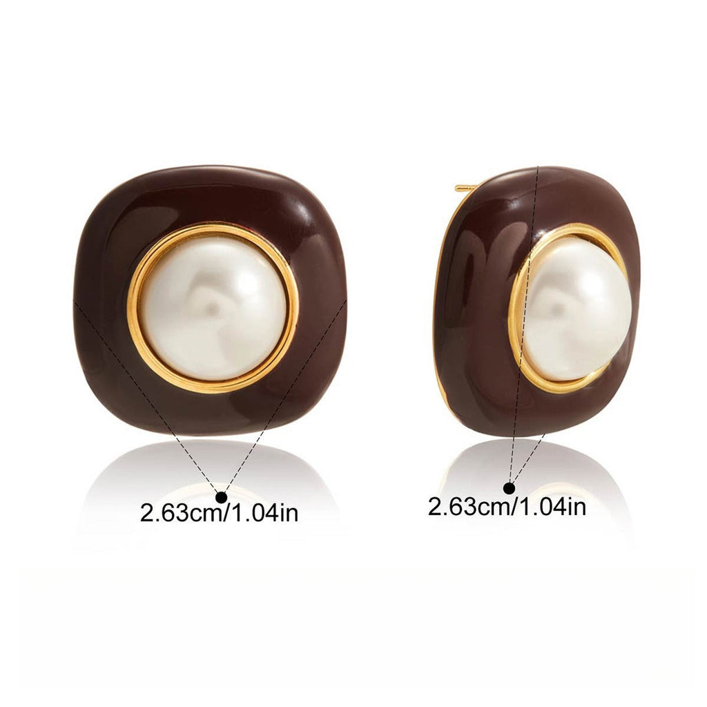 18K gold-plated titanium steel stud earrings with enamel and pearls. Vera Lux