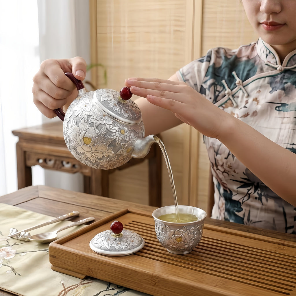 925 Sterling Silver Artisan Handcrafted Silver Teapot with Elegant Peony Engravings and Red Crimson Accents - Handicraft Vera Lux