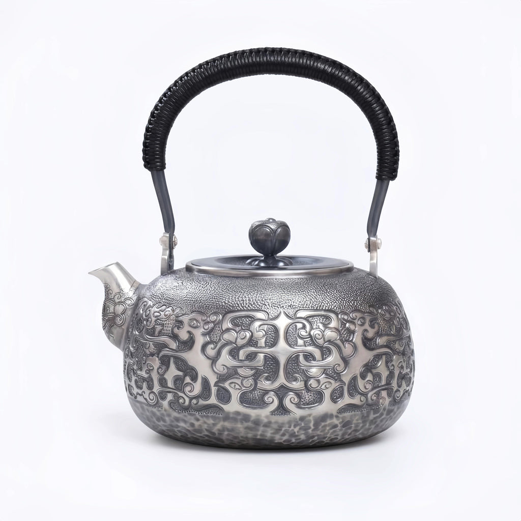 Pure 999 Fine Silver Elegant  Teapot with Intricate Cloud Patterns and Coiled Black Handle-Fine large teapot - Handicraft Vera Lux