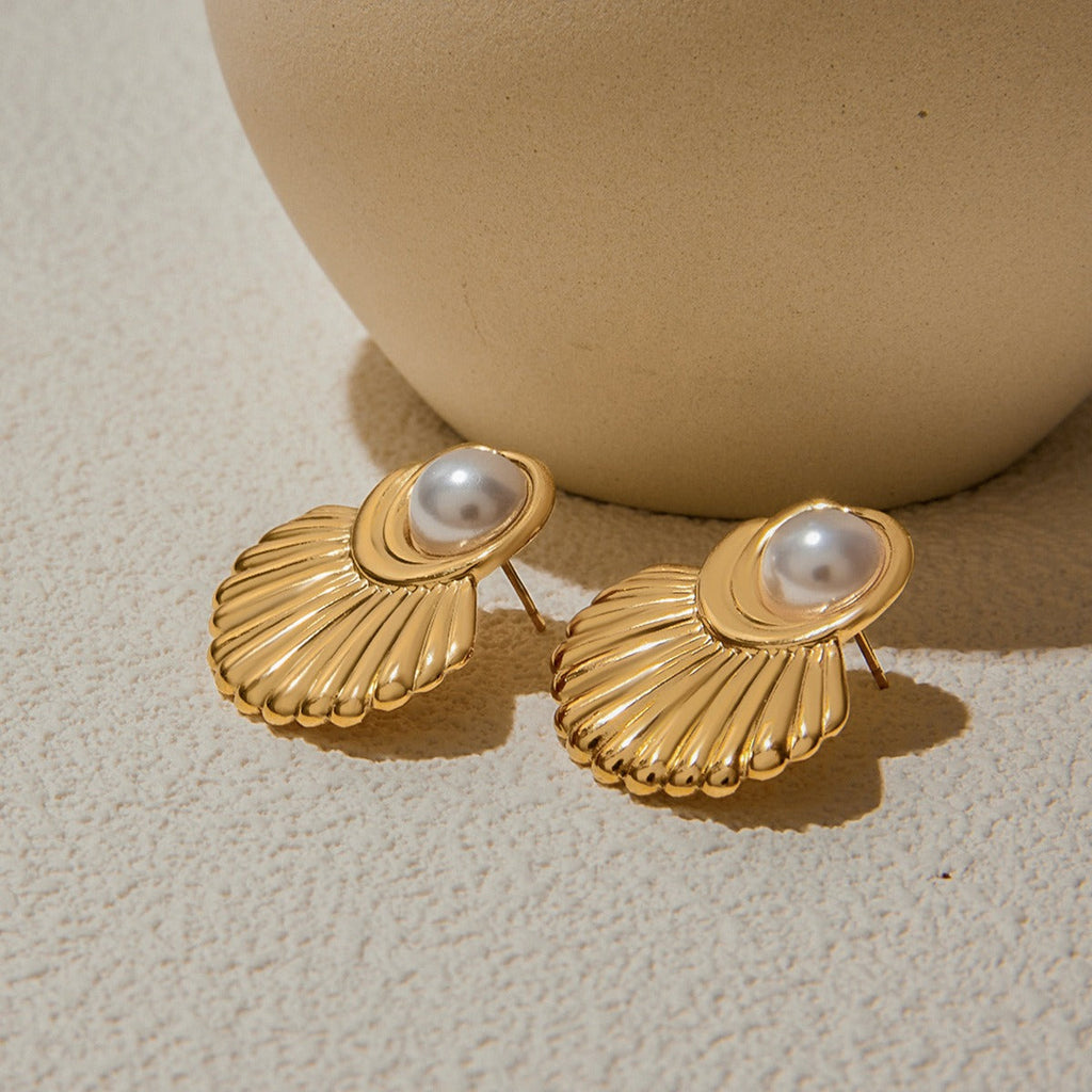 18K gold geometric inlaid pearls exquisite design noble earrings Vera Lux