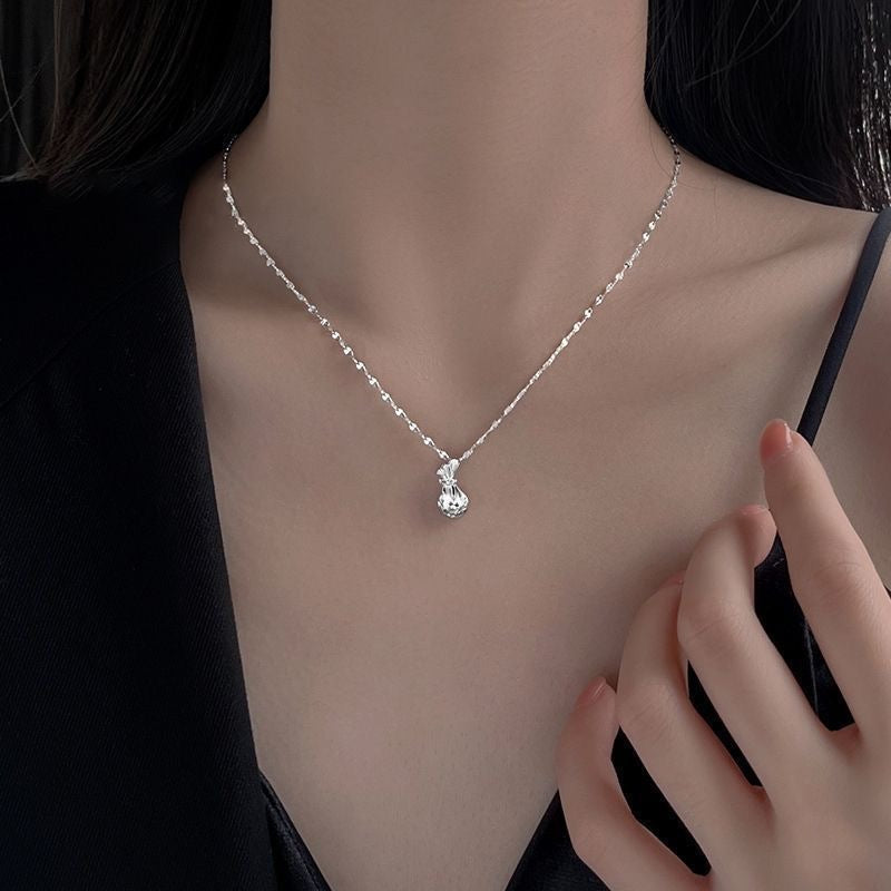 1pcs 999 Sterling Silver Hollow Cutout Lucky Money Bag Necklace, Elegant Delicate Style, Ideal For Birthday Gifts Vera Lux