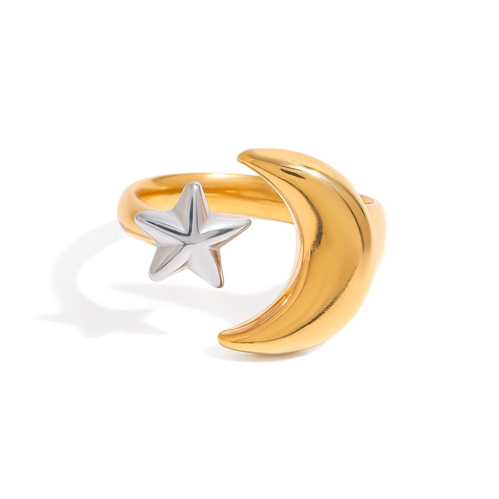 18K gold moon and star with gold and silver color matching design trendy personality open ring Vera Lux