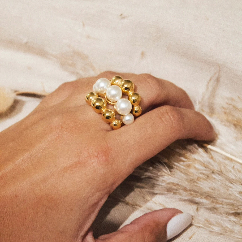 18K gold multi-layer round beads with pearl design exquisite high-end ring Vera Lux