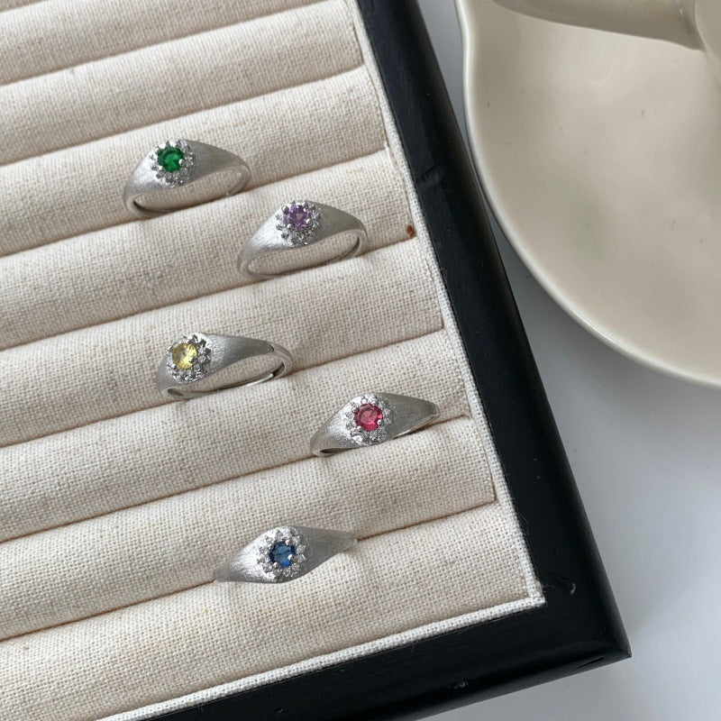 Brushed Round Stone Color Gem Open Ring For Women, Luxury Ins Style Niche Design, High-End Adjustable Index Finger Ring, Multi-color Options Vera Lux