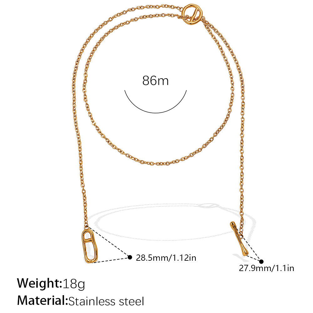Japanese Style Minimalist Long Sweater Chain Necklace, Stainless Steel Pig Nose Pendant With OT Clasp, Fashion Simple Jewelry Vera Lux