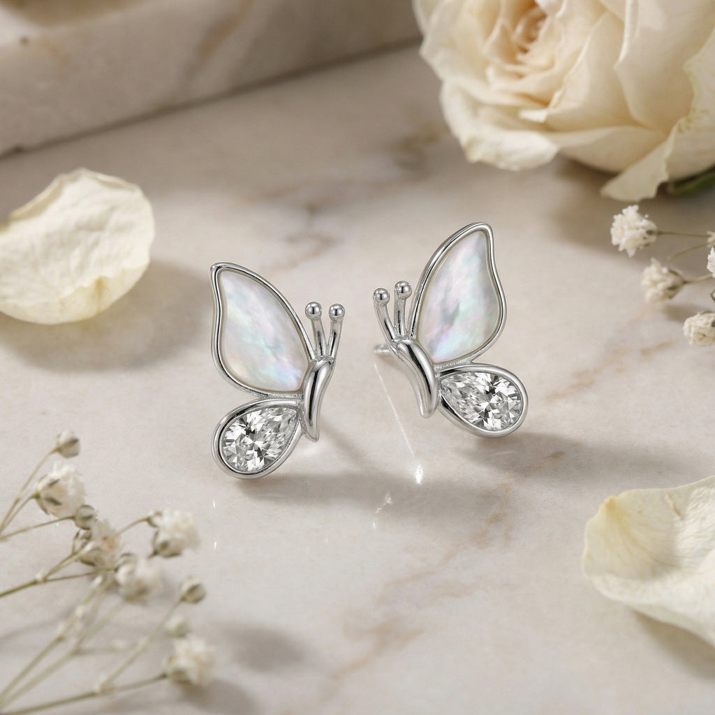 925 Sterling Silver Elegant Butterfly Stud Earrings with Iridescent Inlays and Sparkling Crystals Vera Lux
