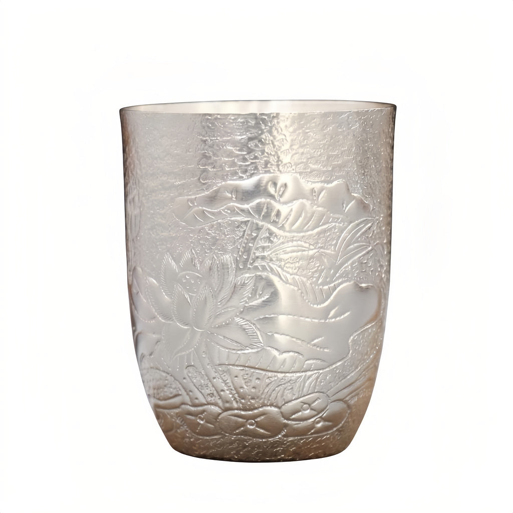Pure 999 Fine Silver Exquisite Hand-Hammered Silver Tumbler with Intricate Lotus Relief Carvings - Handicraft Vera Lux