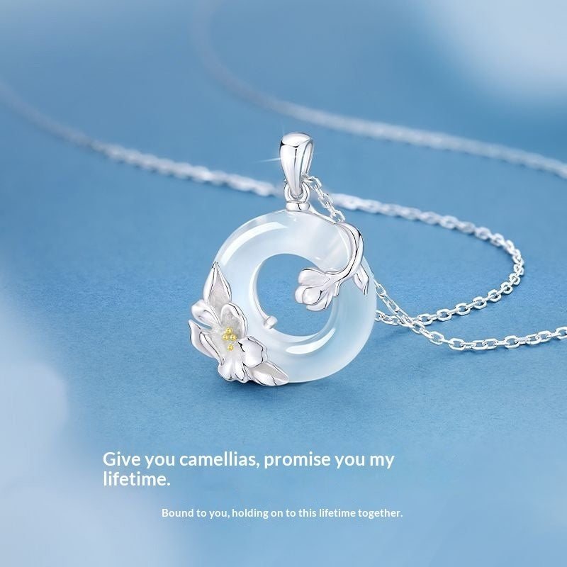 S925 Sterling Silver Camellia Peace-Button Necklace For Women Vera Lux