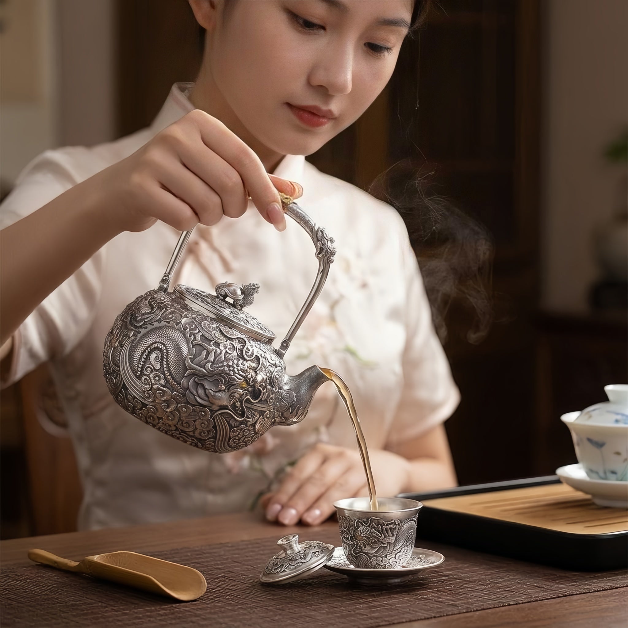 Pure 999 Fine Silver Elaborate Hand-Carved Silver Teapot with Majestic Dragon Motif and Ornate High Handle - Handicraft Vera Lux