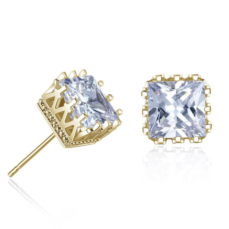 Crown-shaped openwork square zircon stud earrings Vera Lux