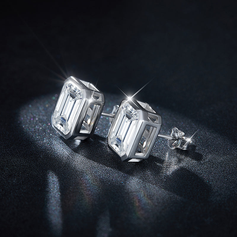 S925 Sterling Silver 8x10mm Emerald Cut Moissanite Stud Earrings  Platinum Plated Geometric Bezel With GRA Certificate Jewelry Gift Box Set Vera Lux