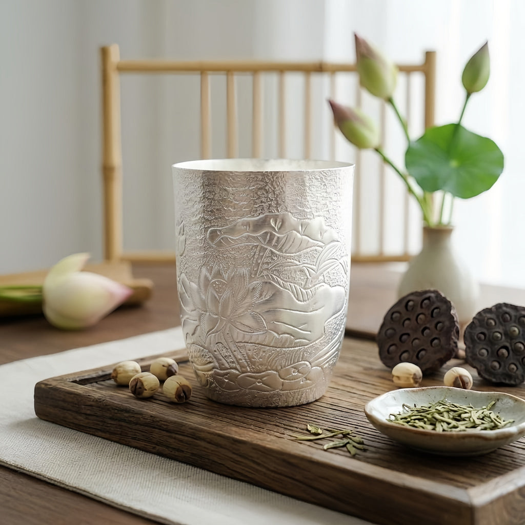 Pure 999 Fine Silver Exquisite Hand-Hammered Silver Tumbler with Intricate Lotus Relief Carvings - Handicraft Vera Lux