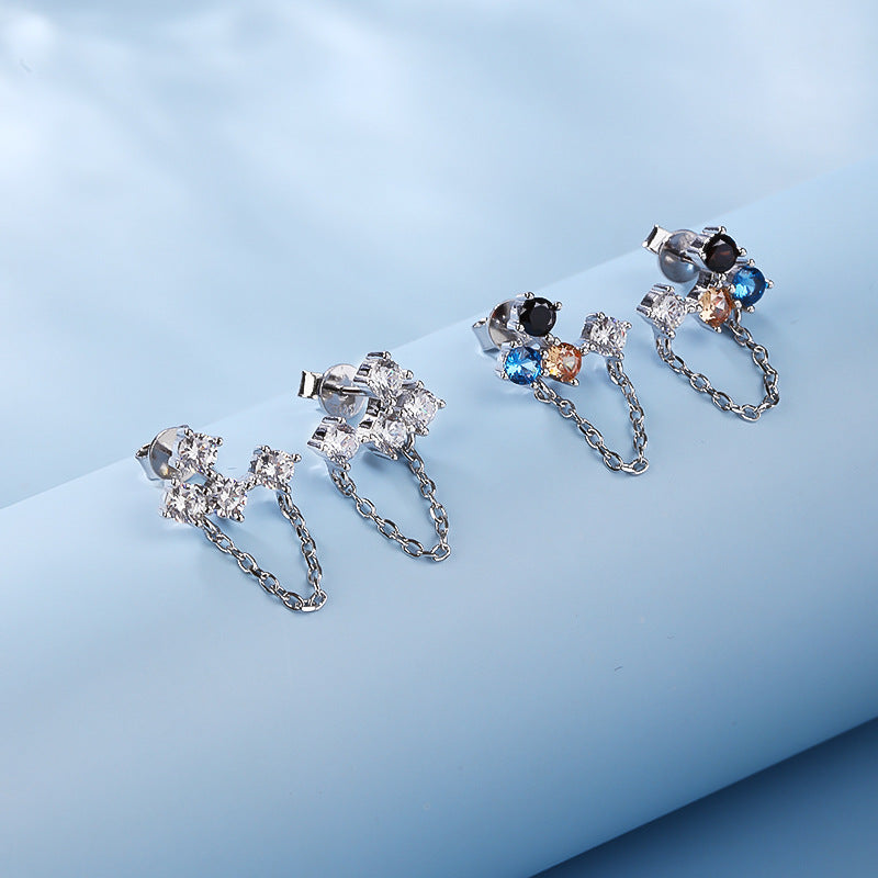 S925 Silver Asymmetric Multicolor Zircon Tassel Drop Earrings, Women Unique Versatile Dangle Jewelry Vera Lux