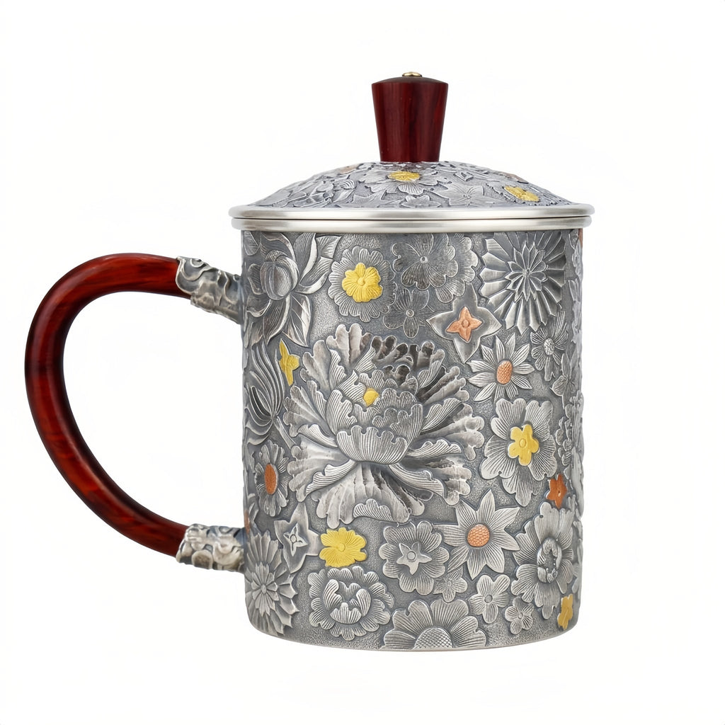 Pure 999 Fine Silver Handcrafted Floral Embossed Silver Tea Mug with Elegant Wood Accents - Handicraft Vera Lux