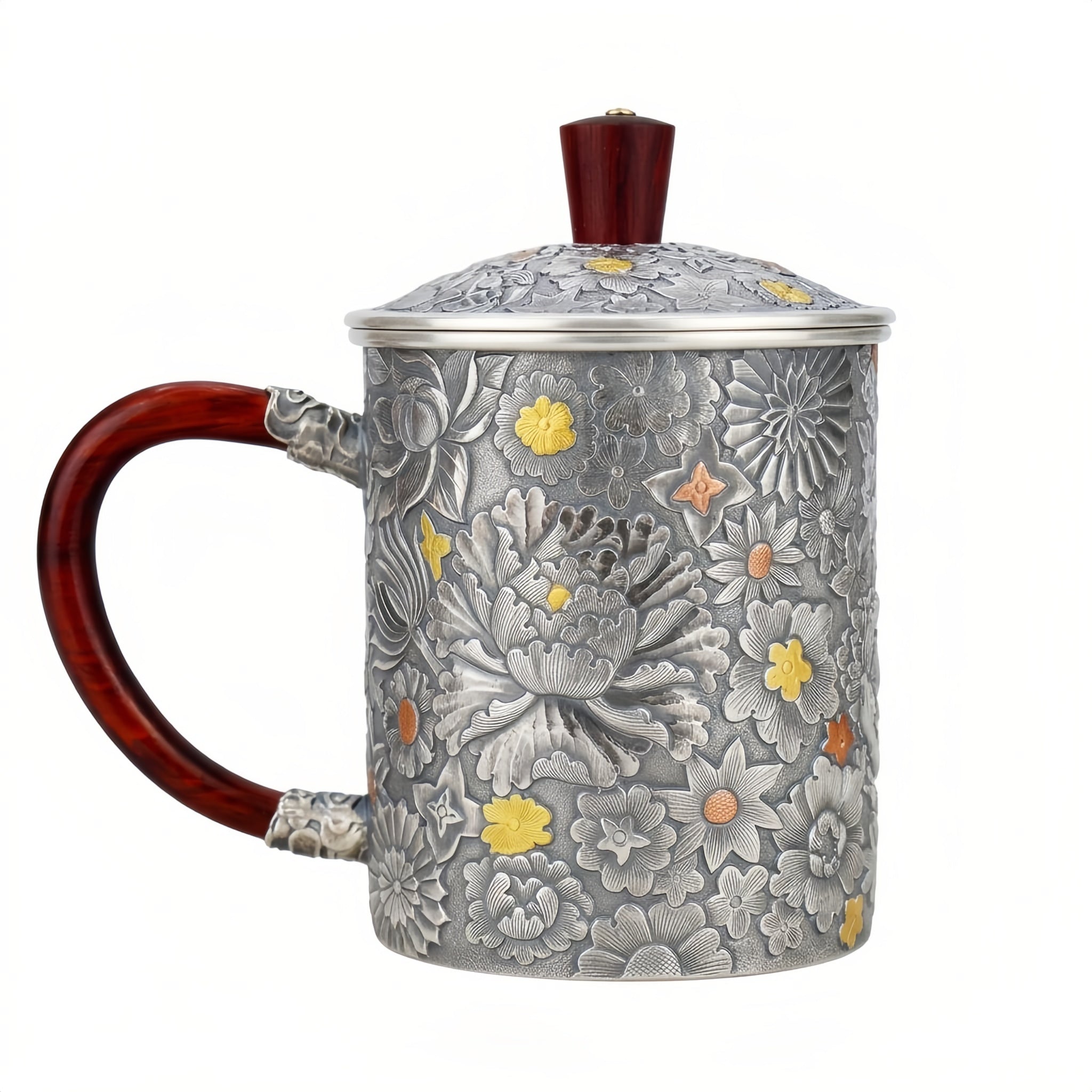 Pure 999 Fine Silver Handcrafted Floral Embossed Silver Tea Mug with Elegant Wood Accents - Handicraft Vera Lux