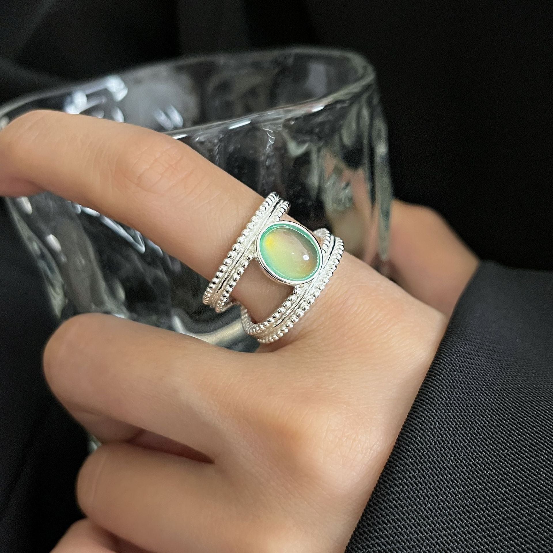 S925 Sterling Silver Retro Green Double-Strand Ring For Women Open-End Adjustable Vera Lux