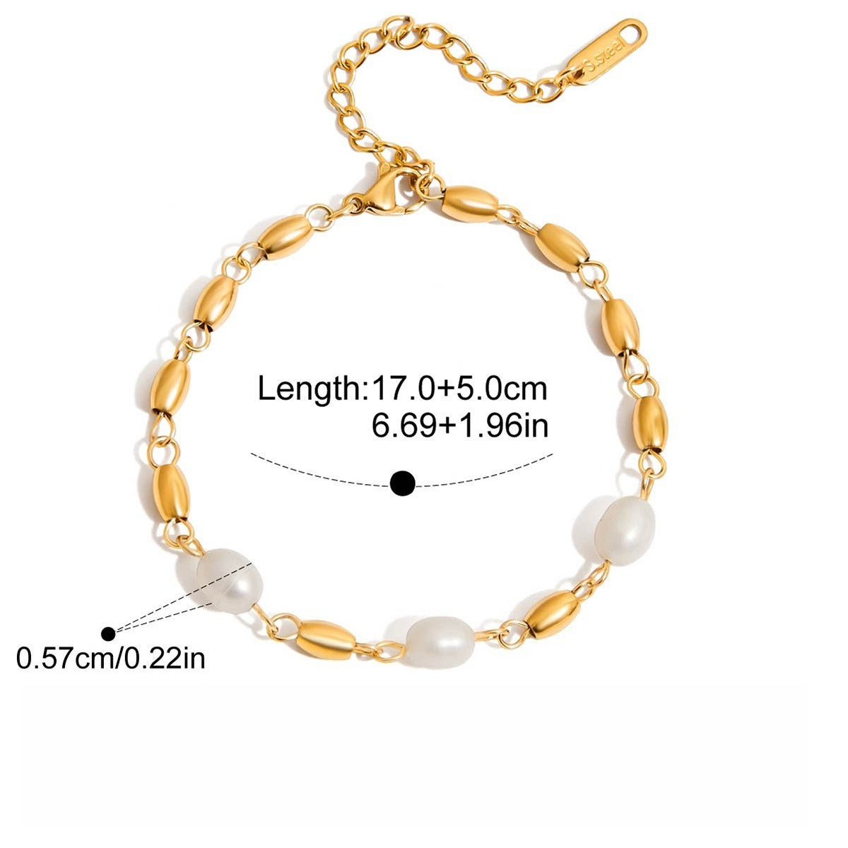 18K gold-plated, lightweight, and luxurious titanium steel bracelet with freshwater pearls. Vera Lux