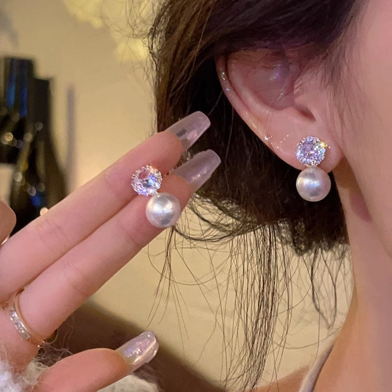 Sparkling Halo CZ Pearl Drop Earrings For Women, Dainty Cubic Zirconia Pearl Stud Earrings, Luxury Elegant Bridal Wedding Jewelry Gift Vera Lux