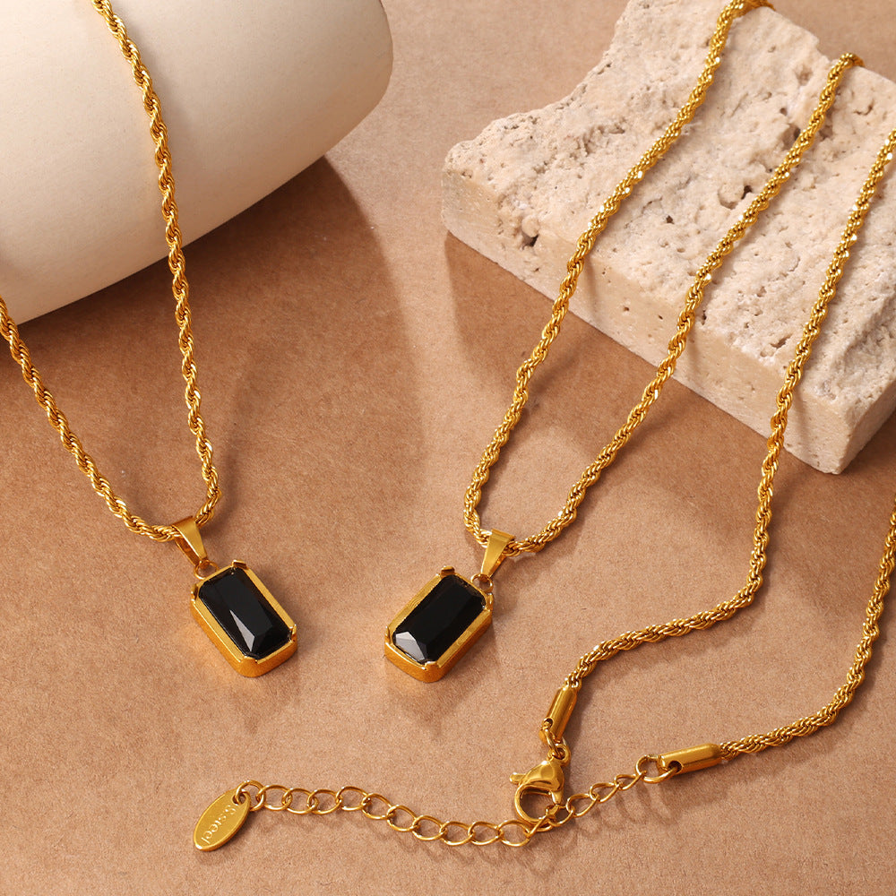 Vintage Stackable Double Layer Oval Black Onyx Pendant Necklace, 18K Gold Plated Square Black Zircon Clavicle Chain Vera Lux