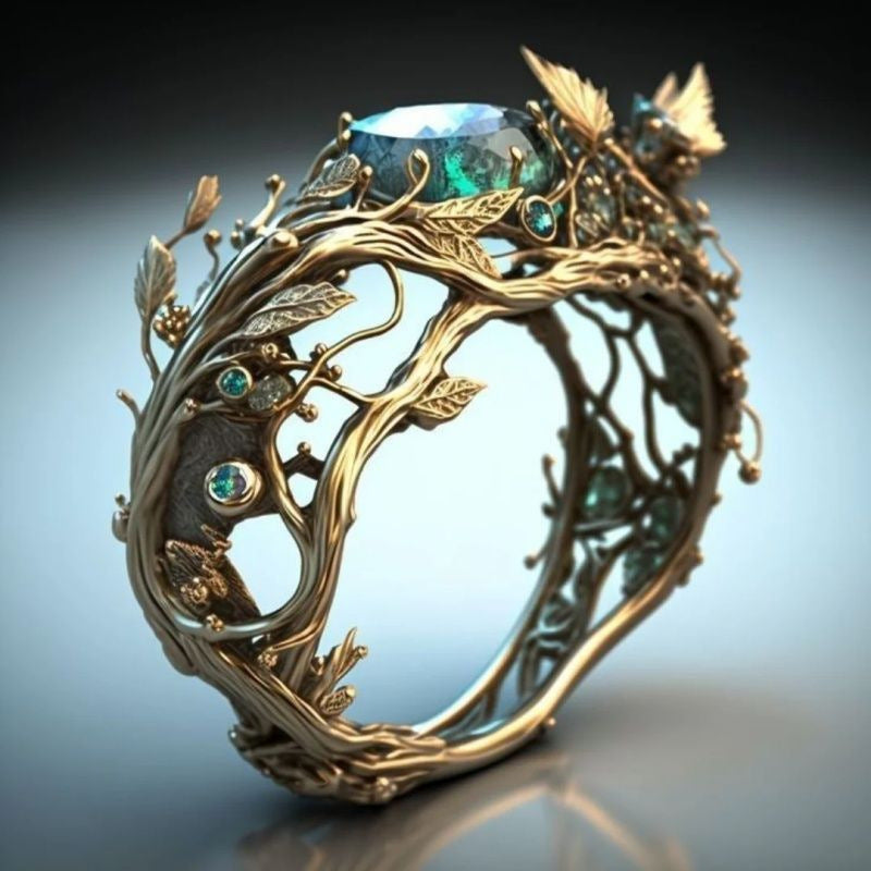 Retro Forest-Style Vine Emerald Ring Vera Lux