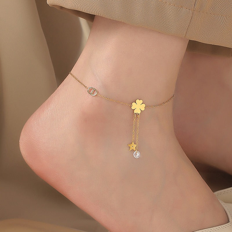 18K Gold Tassel Star Clover Anklet Vera Lux