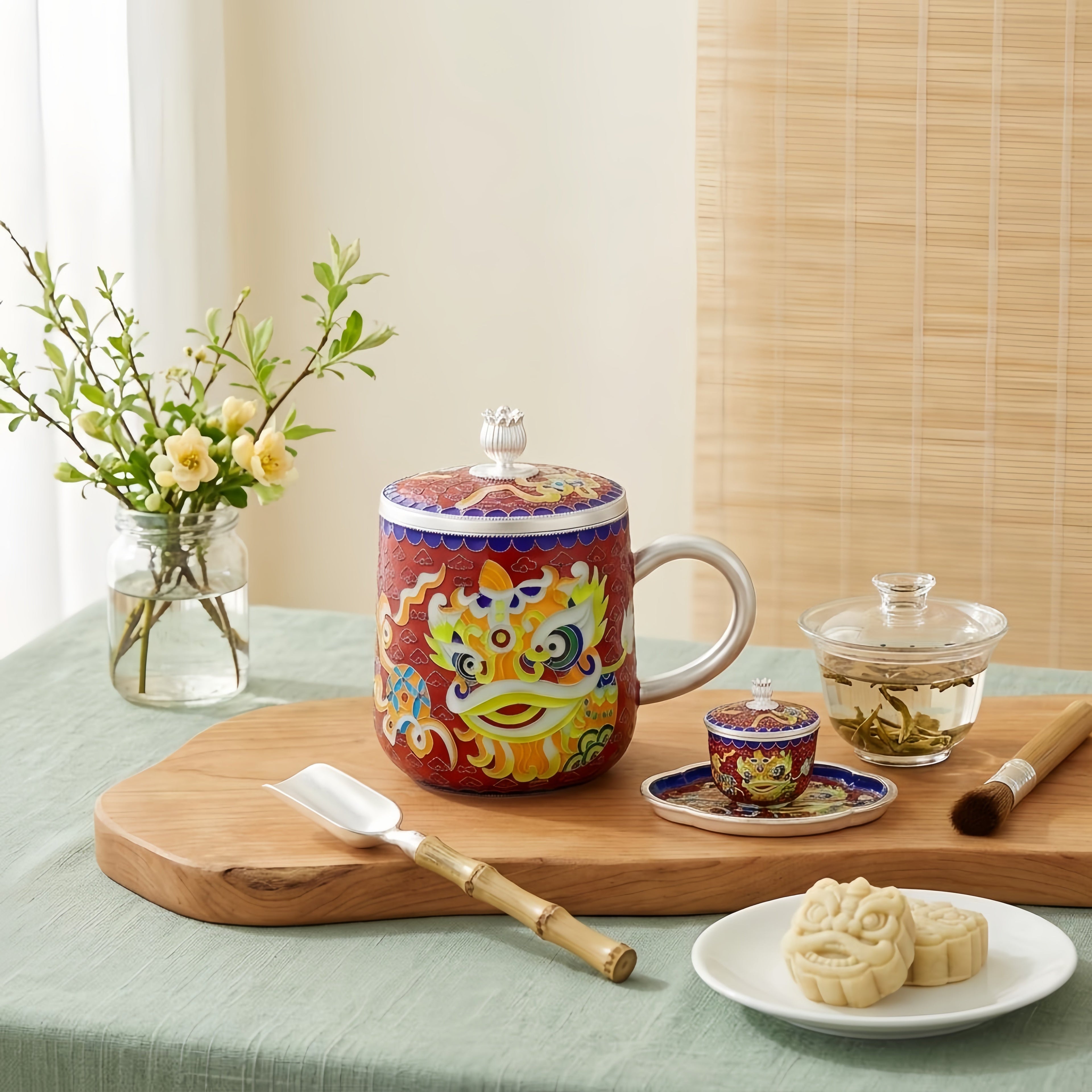 925 Sterling Silver Chinese Lion Dance Themed Ceramic Mug with  Accents-Premium Indigo Tea Mug - Handicraft Vera Lux