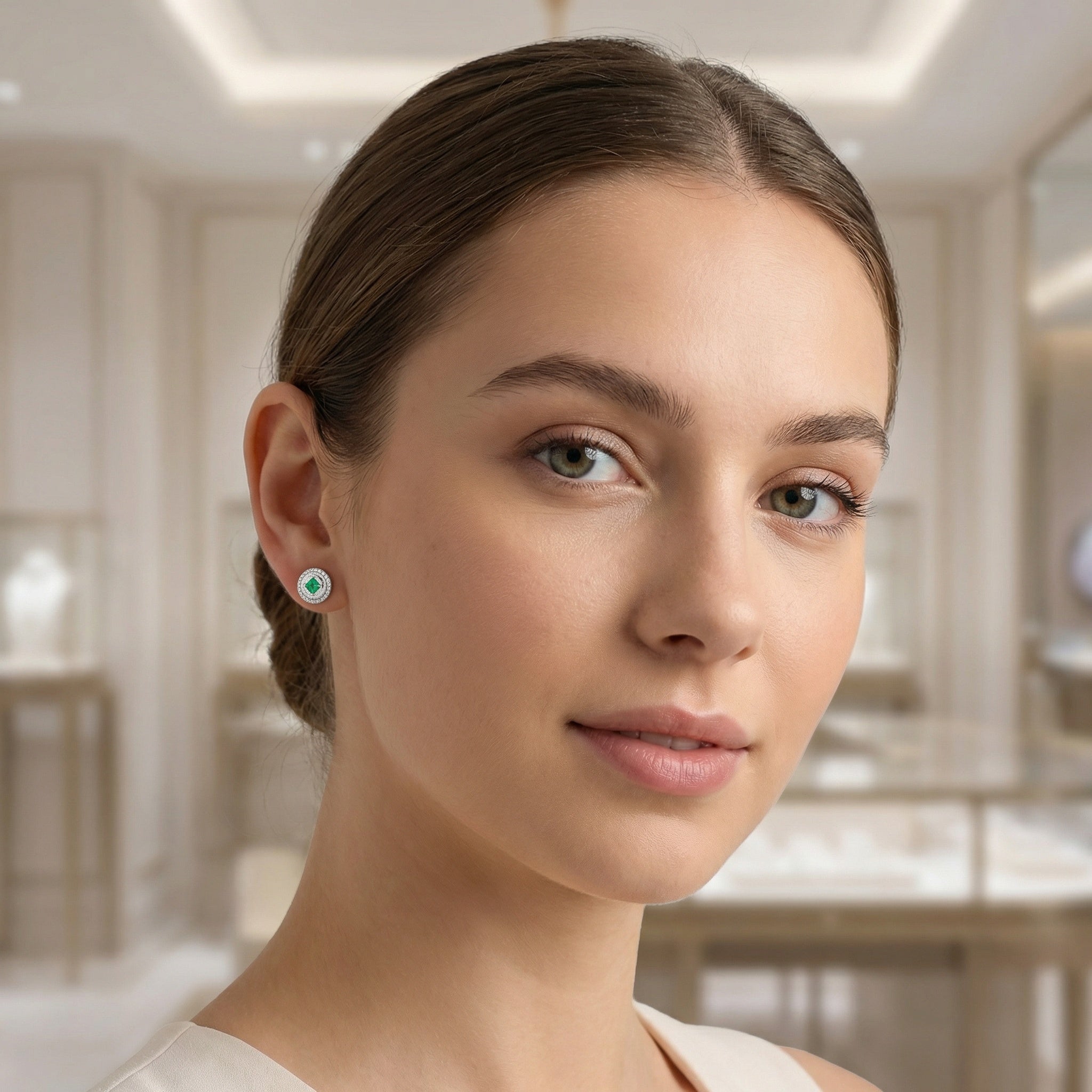 925 Sterling Silver Elegant Round Green Gemstone Stud Earrings with Sparkling Halo Vera Lux