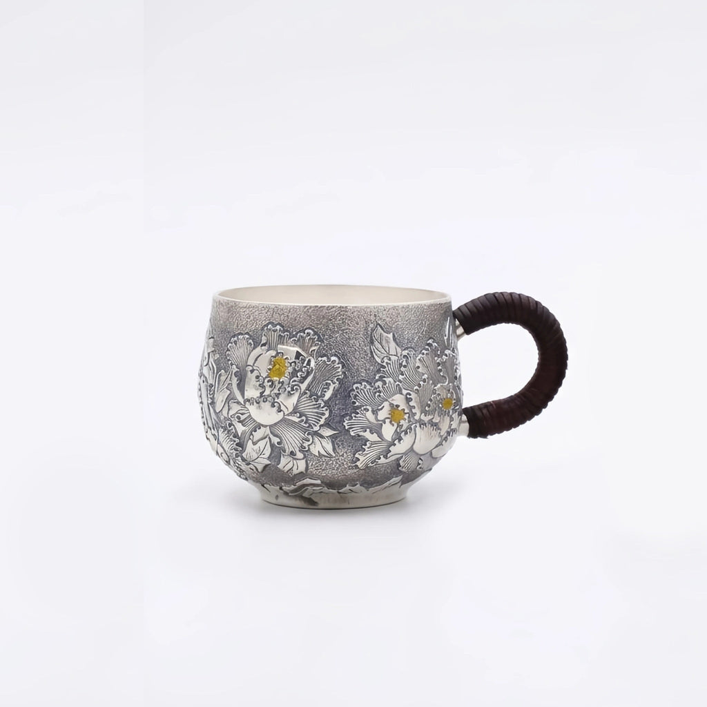 Pure 999 Fine Silver Elegant Handcrafted Silver Teacups Featuring Detailed Peony Relief and Traditional Woven Handles - Handicraft Vera Lux