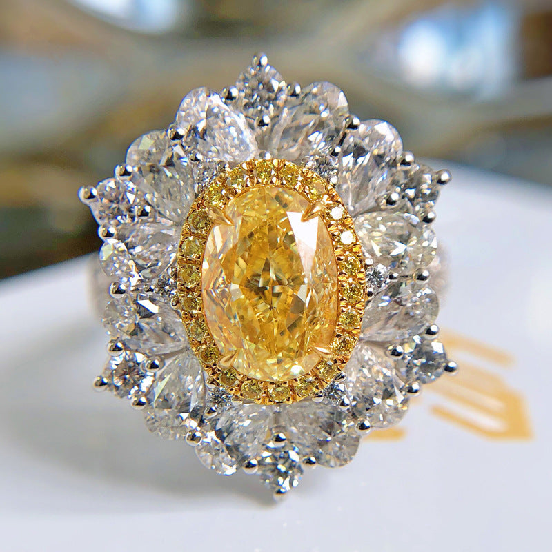 New Design Large Carat Simulated Diamond Ring, Heavy Set Synthetic Ascher Cut Yellow Diamond Gemstone Jewelry For Women Vera Lux