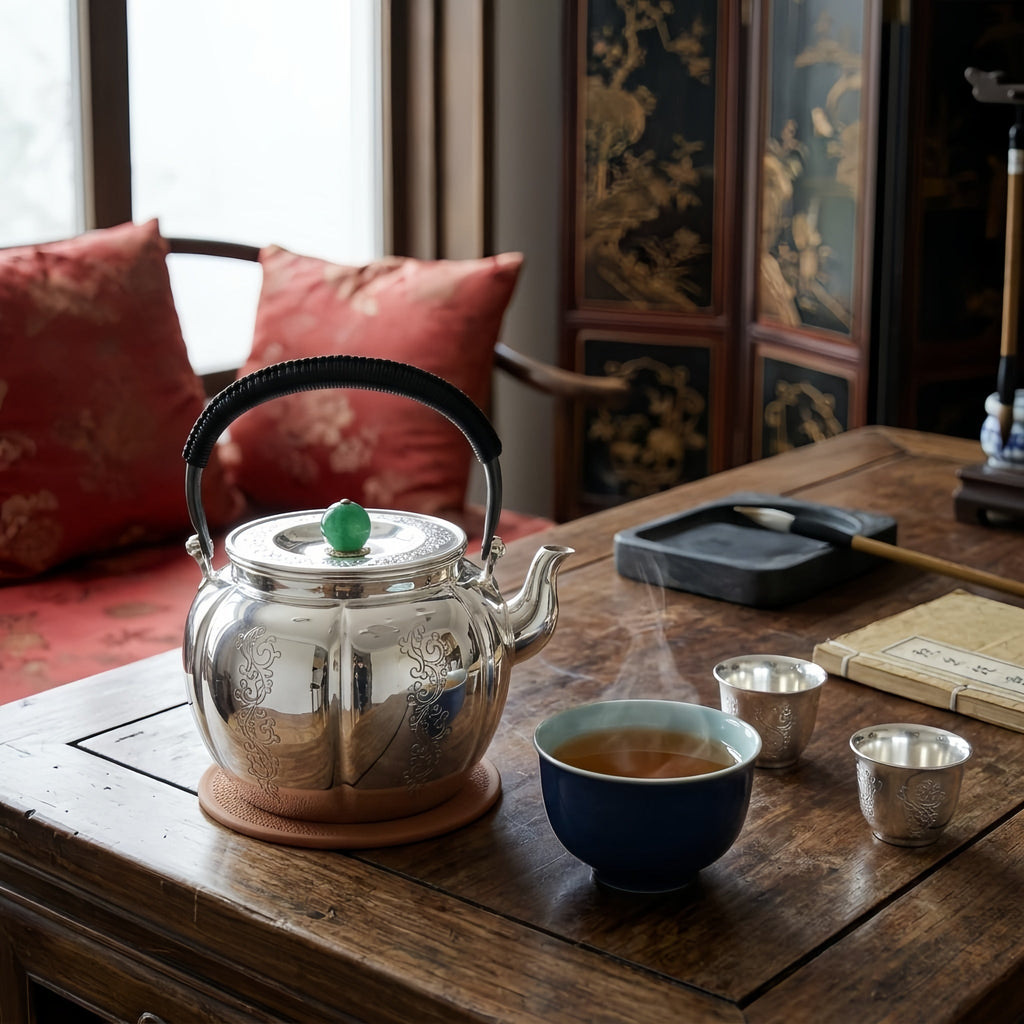 Pure 999 Fine Silver Elegant Silver Teapot with Green Jade Finial and Woven Black Handle - Handicraft Vera Lux