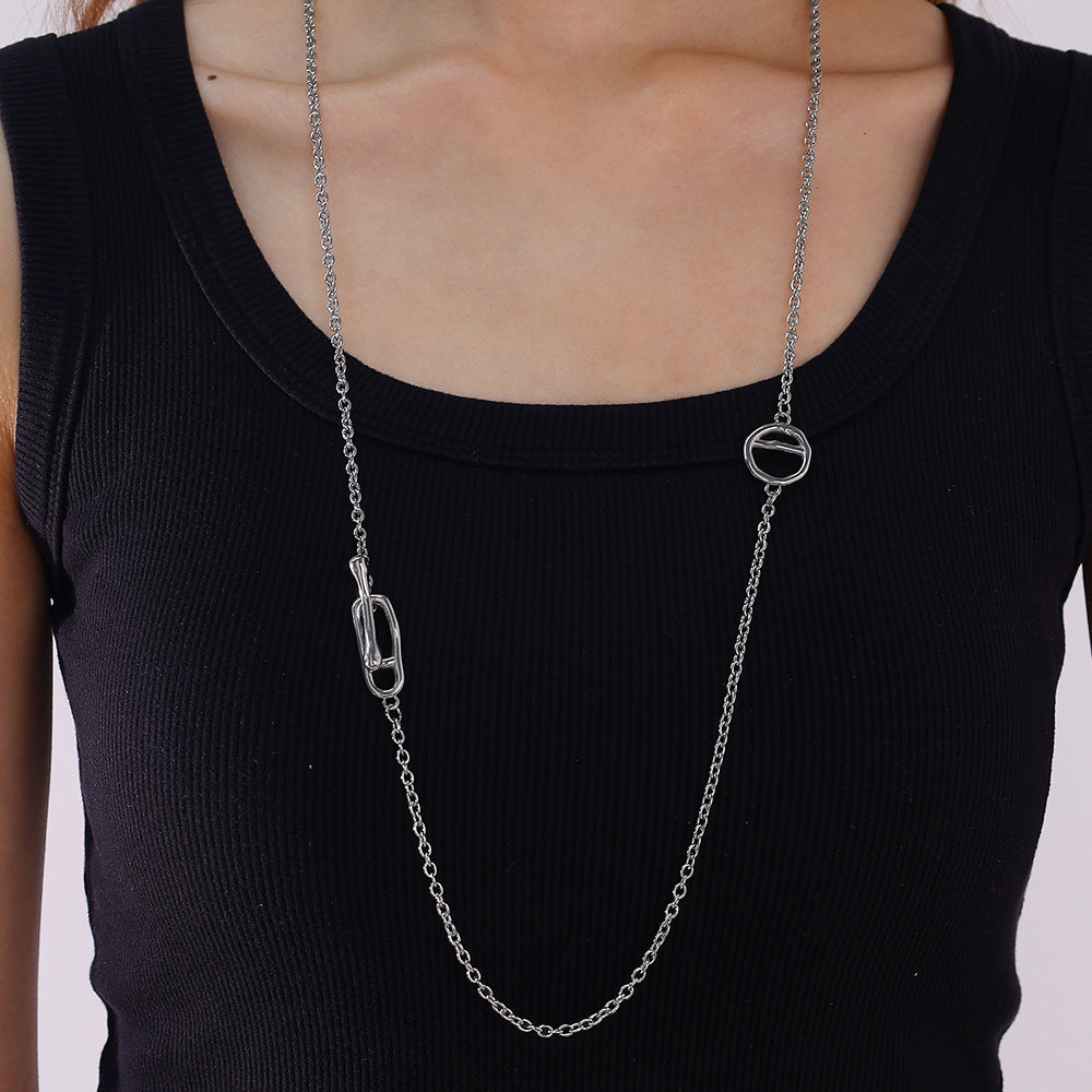 Japanese Style Minimalist Long Sweater Chain Necklace, Stainless Steel Pig Nose Pendant With OT Clasp, Fashion Simple Jewelry Vera Lux