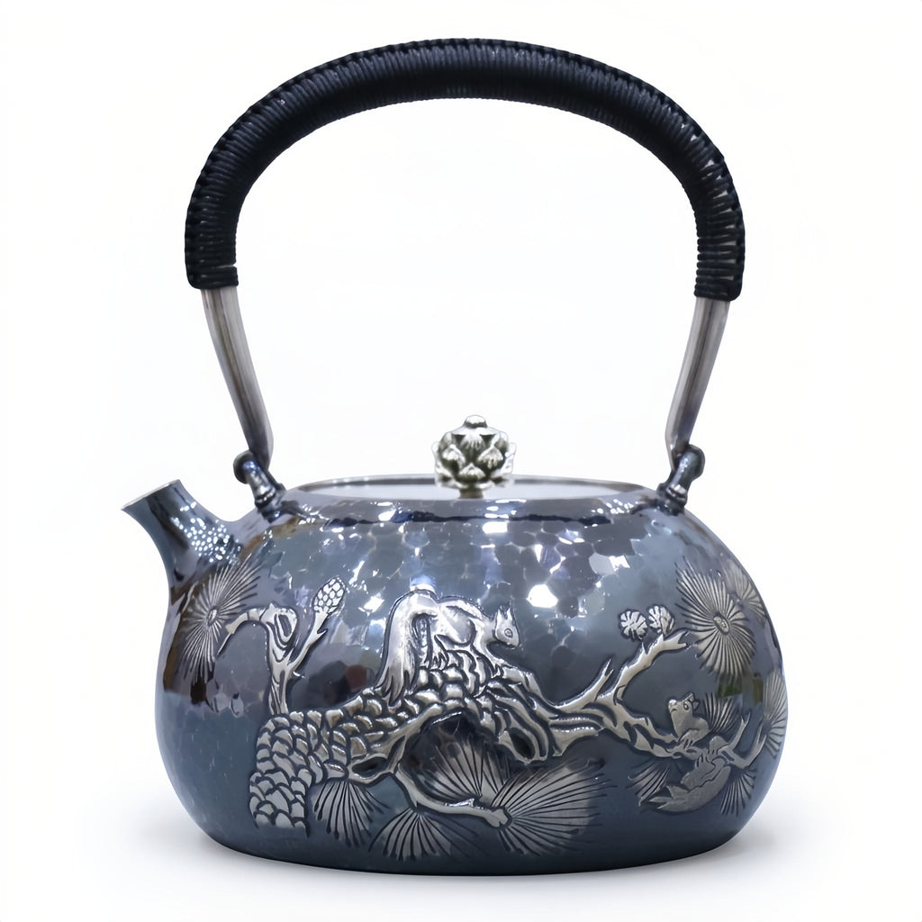 925 Sterling Silver Elegant Handcrafted  Teapot with Nature-Inspired Squirrel and Pine Cone Design-Fine large teapot - Handicraft Vera Lux