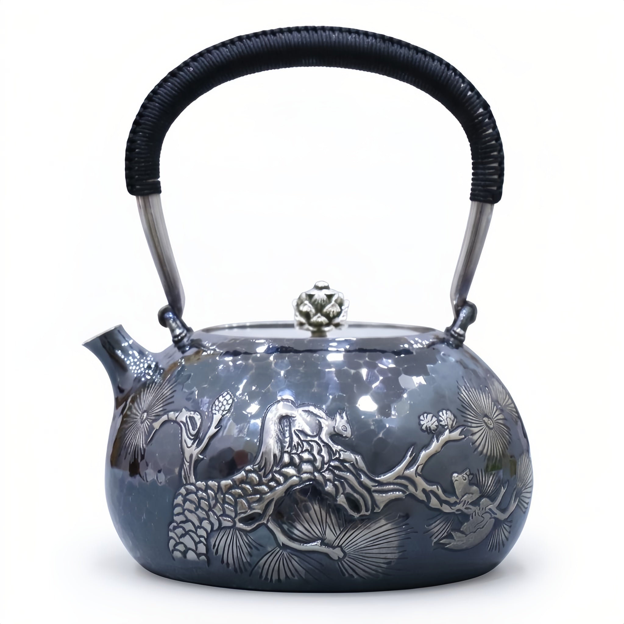 925 Sterling Silver Elegant Handcrafted  Teapot with Nature-Inspired Squirrel and Pine Cone Design-Fine large teapot - Handicraft Vera Lux
