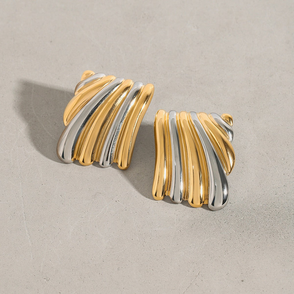 18K gold geometric shape with gold and silver color matching design classic personality earrings Vera Lux