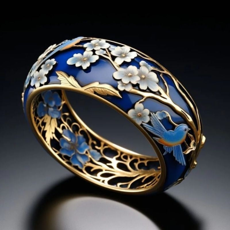 Gilded Enamel High-End Floral And Bird Ring Vera Lux