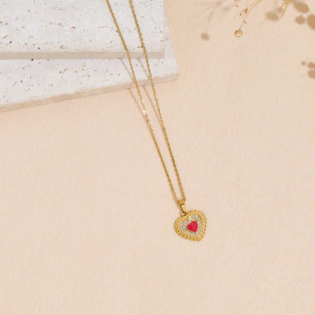 Stainless Steel Heart-shaped Drop-oil Inlaid Rhinestone Pendant Necklace Vera Lux