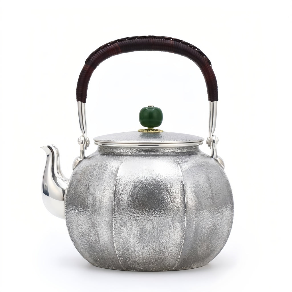 Pure 999 Fine Silver Handcrafted Hammered Silver Teapot with Jade Finial and Rattan Handle - Handicraft Vera Lux