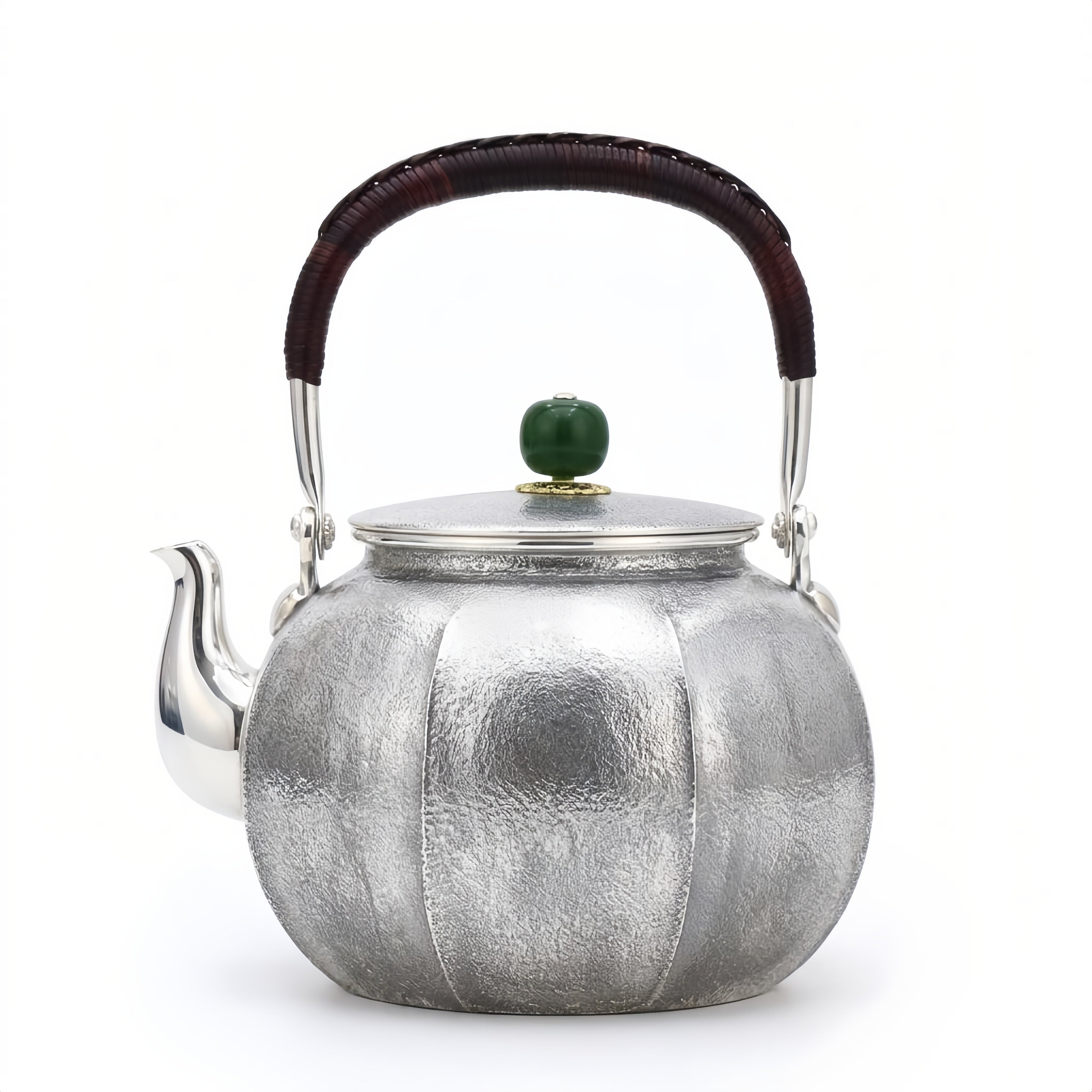 Pure 999 Fine Silver Handcrafted Hammered Silver Teapot with Jade Finial and Rattan Handle - Handicraft Vera Lux