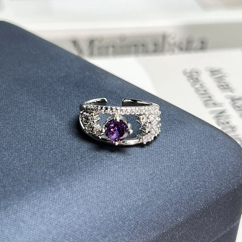 Nine Purple Fire Series Inlaid Purple Rhinestone Open Ring, Sweet Cool Light Luxury High Sense Niche Designer Band, Trendy Adjustable Finger Jewelry For Women Daily Outfit Matching Vera Lux