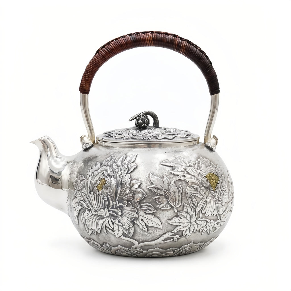 Pure 999 Fine Silver Elegant Silver Teapot with Intricate Peony Engravings and Traditional Woven Handle - Handicraft Vera Lux