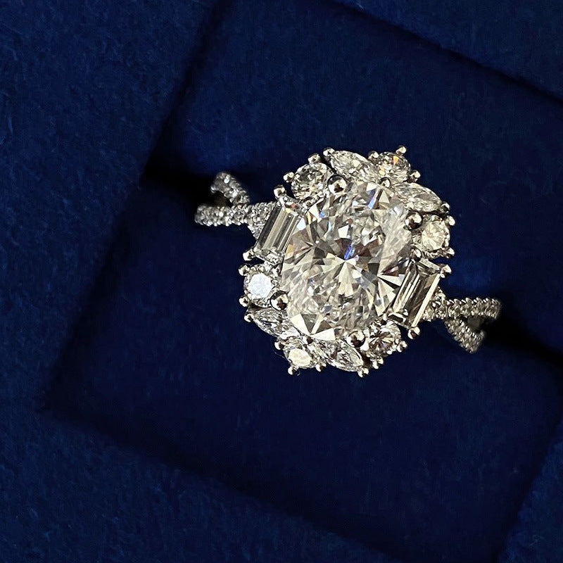 Luxury Design Oval Simulated Moissanite Engagement Ring, White Gold Plated Cluster Zircon Ring For Women, Wholesale Vera Lux