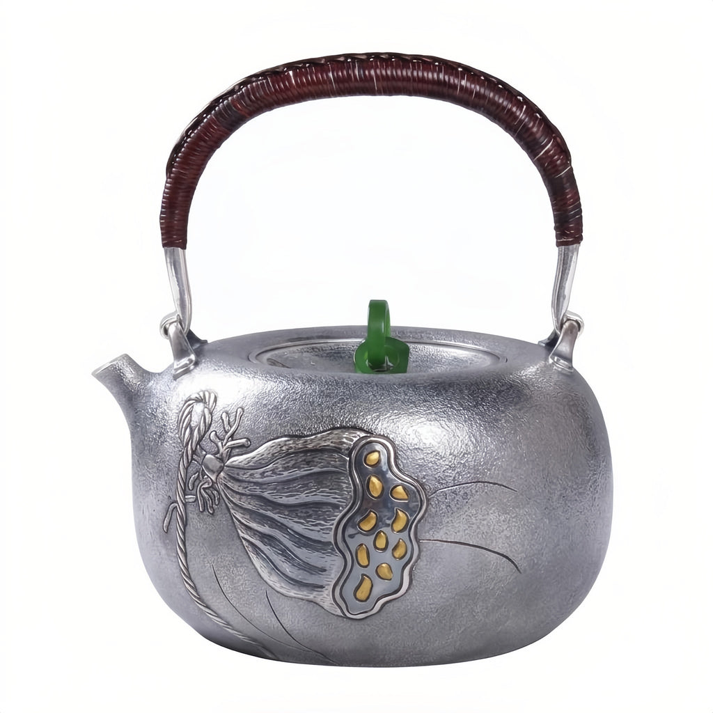 Pure 999 Fine Silver Handmade Silver Teapot with Lotus Seed Pod Motif and Woven Rattan Handle - Handicraft Vera Lux