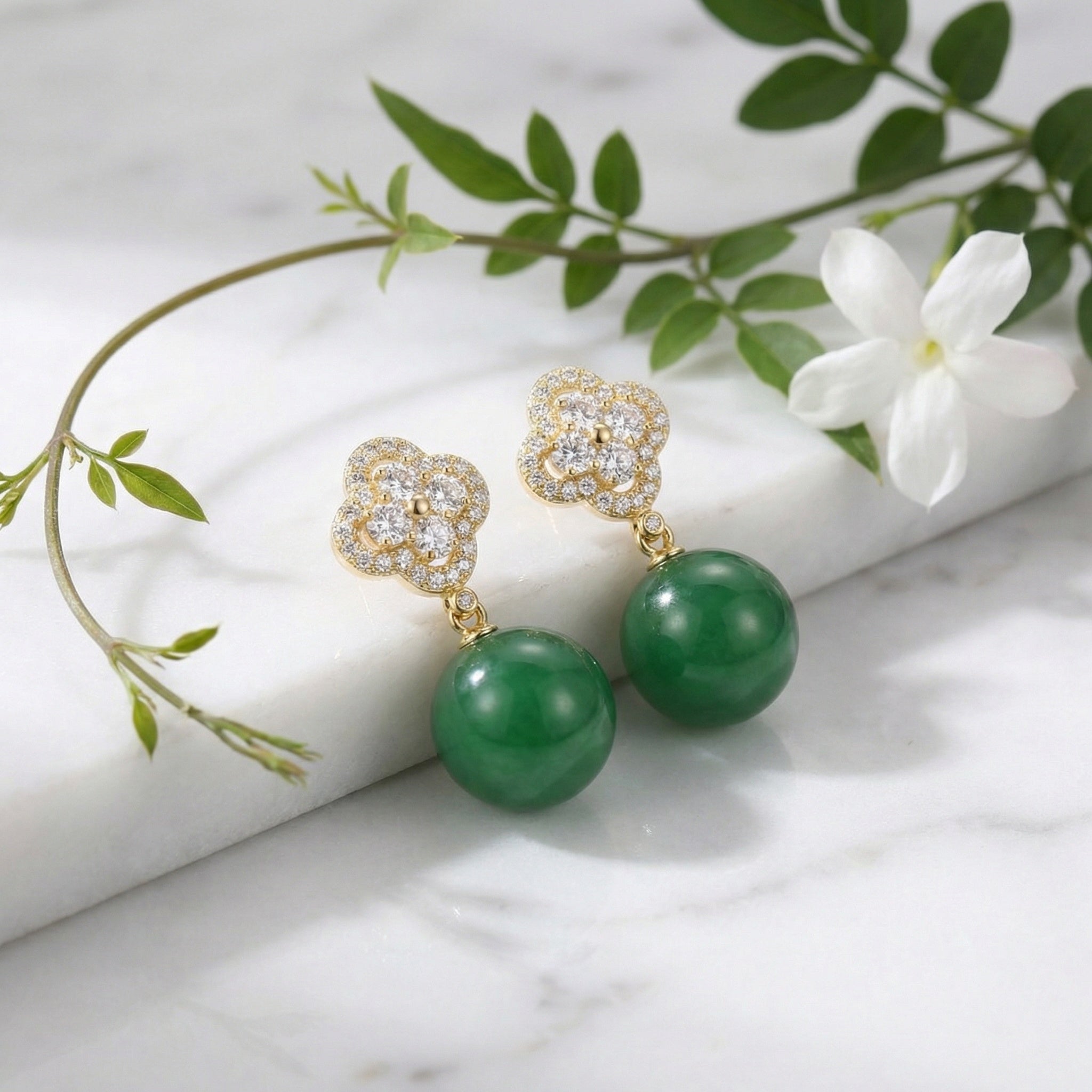 925 Sterling Silver Elegant Clover Motif Earrings with Shimmering Accents and Vibrant Green Drops Vera Lux