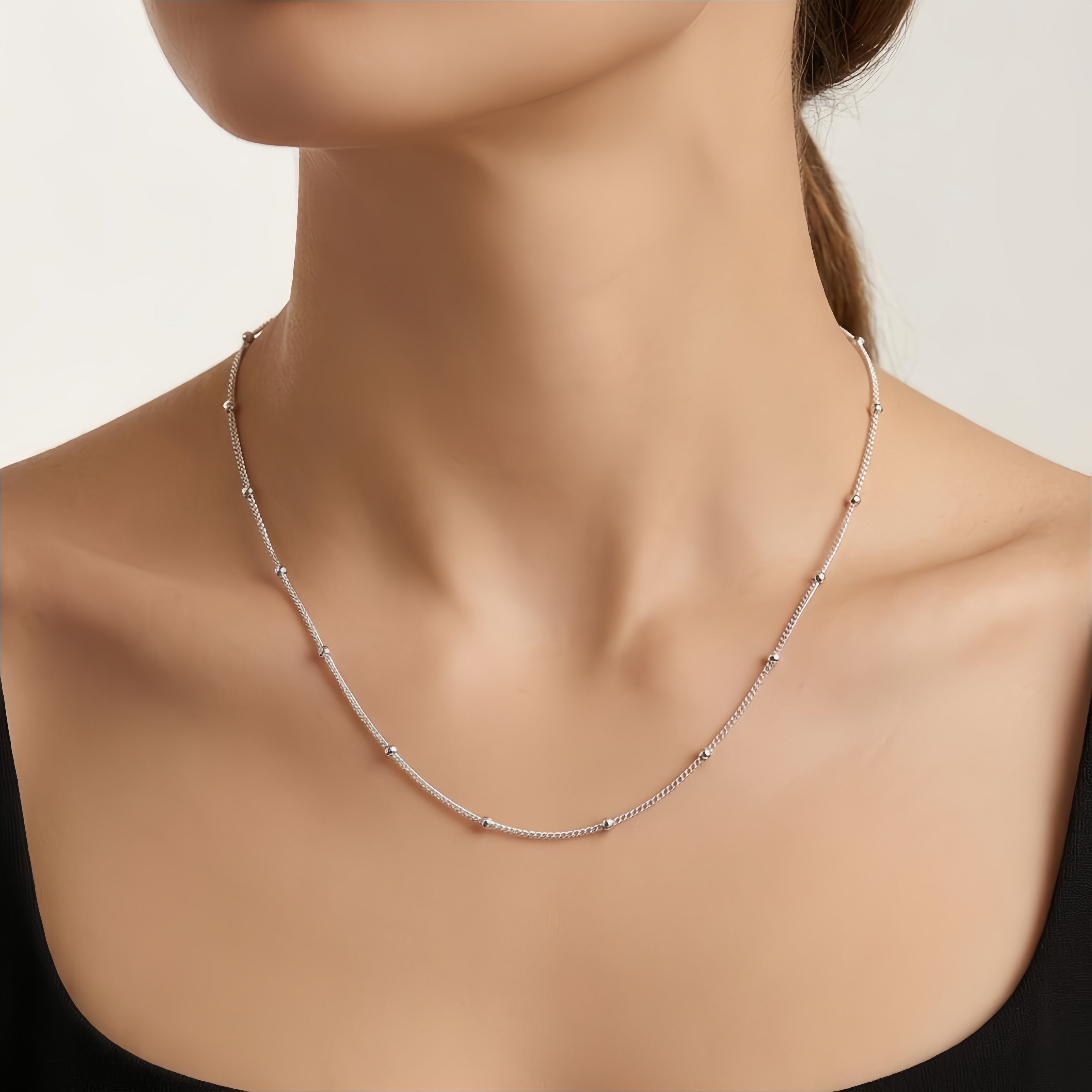 925 Sterling Silver Italian-Made 14K White Gold Bead-Accented Chain Necklace Vera Lux